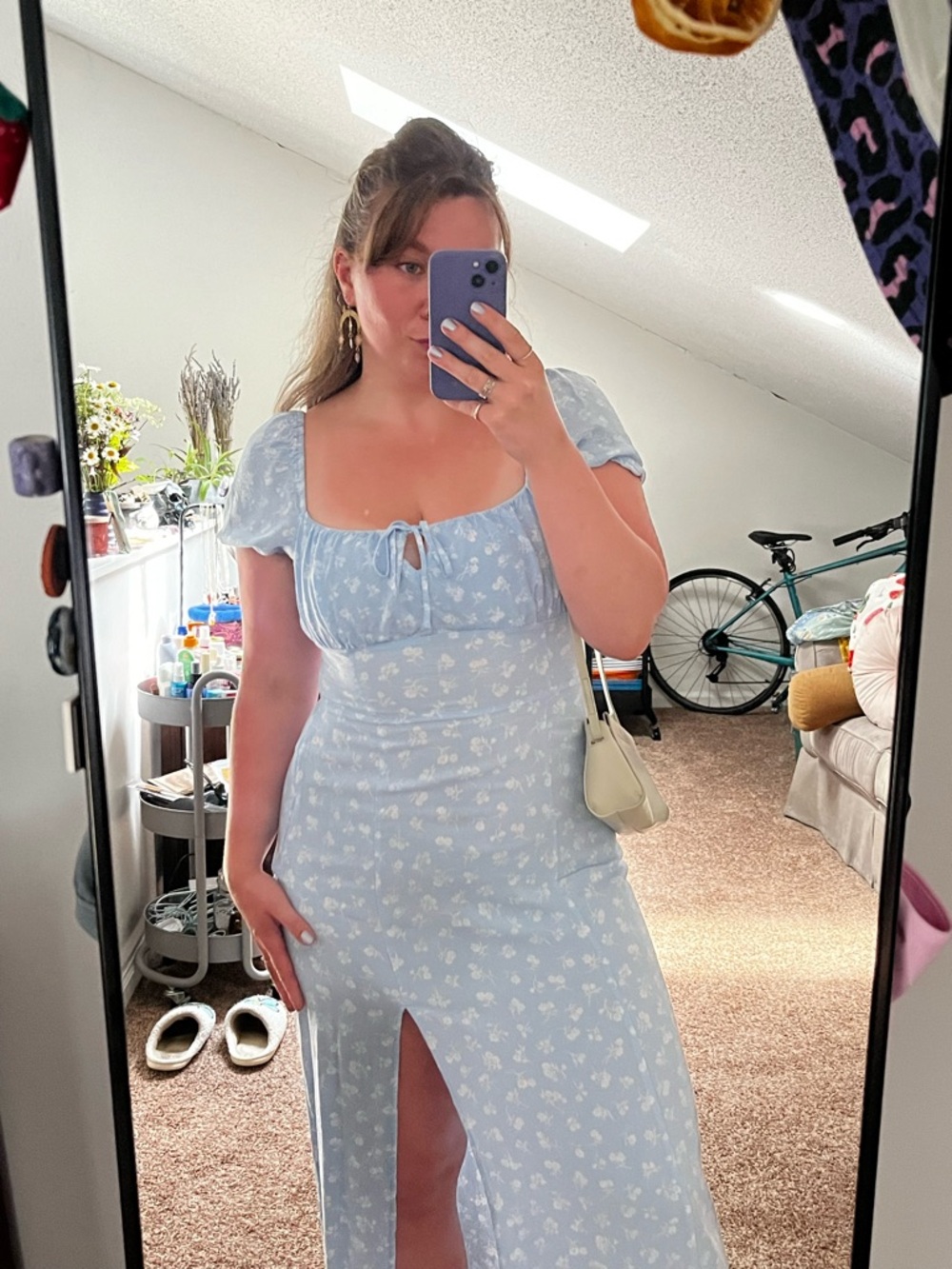 H&M Pale Blue Floral Puff-Sleeve Maxi Dress